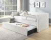 Cama Canguro Molly tapizada en beige con acolchado capitoné, cama nido extendida con ruedas, en recámara juvenil - Estylo House Muebleria