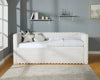 Cama Canguro Molly beige cerrada, vista frontal en recámara con pared azul y repisas decorativas - Estylo House Muebleria