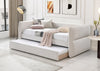 Cama Canguro Philipa tapizada en beige tipo lino con cama nido extendida, en sala moderna con arte de pared - Estylo House Muebleria