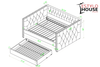 Diagrama técnico de la Cama Canguro Trina con medidas de estructura y trundle señaladas - Estylo House Muebleria