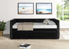Cama Canguro Trina negra con trundle cerrado, en recámara con ventanal hacia jardín y plantas tropicales - Estylo House Muebleria