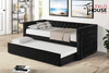 Cama Canguro Trina Individual color negro con tachuelas y trundle extraído, en recámara con cuadros decorativos y repisa escalera - Estylo House Muebleria