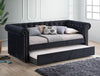 Daybed Ellie estilo chesterfield en tela negra capitoneada con tachuelas y brazo enrollado, cama nido extendida - Estylo House Muebleria