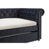 Detalle del respaldo capitoneado con botones y tachuelas del Daybed Ellie en tela negra - Estylo House Muebleria