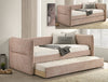 Daybed Philipa tapizado rosa claro con cama nido extraíble, en sala moderna con almohadas decorativas - Estylo House Muebleria