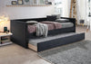 Cama Canguro Sadie color negro con tachuelas y somier extraíble, en recámara con repisa decorativa, cortina de luces y tapete texturizado - Estylo House Muebleria